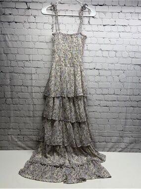 Storia Floral Smocked Tiered Maxi Dress in Cream and Lavender Sz S NWT